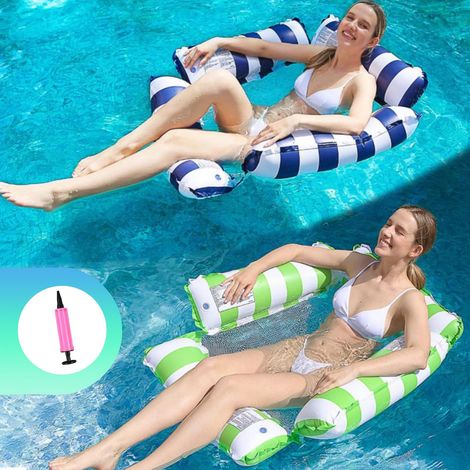 2pcs Matelas Gonflable Piscine, Hamac d'Eau Plage Portable, 4 in 1 Matelas Filet Piscine Gonflable, Bouee Plage Adulte, avec Pompe a Air Manuelle pour Plage (1/5)