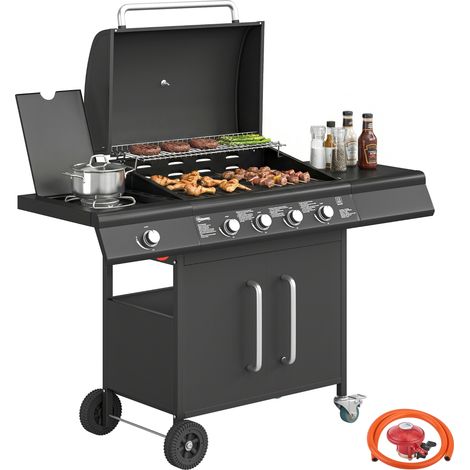 Outsunny Burner Gas BBQ Grill, Gas Barbecue Trolley with Side Table, Black