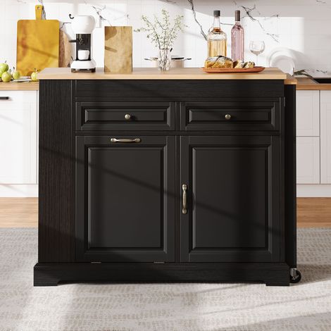 Îlot de cuisine mobile sur roulettes avec extension, compartiment poubelle intégré et tiroirs, table centrale autoportante, parfait pour cuisine et salle à manger (noir) (1/5)