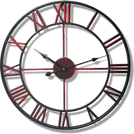 Horloge de jardin extérieure, horloge murale de jardin, grande horloge à chiffres romains, horloge en fer, horloge d'extérieur rouge foncé (1/5)