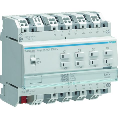 Module 8 sorties 16A 230V (charges capacitives) avec forçage manuel sans bus - HAGER TYAS608D