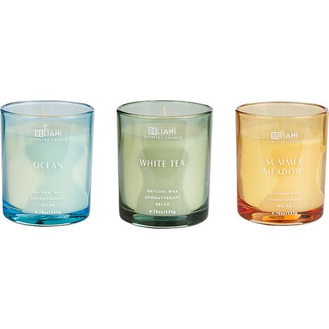 Conjunto de 3 velas perfumadas 100% cera de soja mecha de algodón vidrio fragancia fresca océano/té blanco/pradera estival Sheer Joy (1/5)
