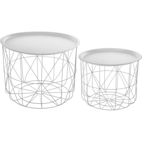Lot de 2 Tables Basses Rondes Blanches Matt Essential Mood avec Paniers de Rangement - Atmosphera (1/2)
