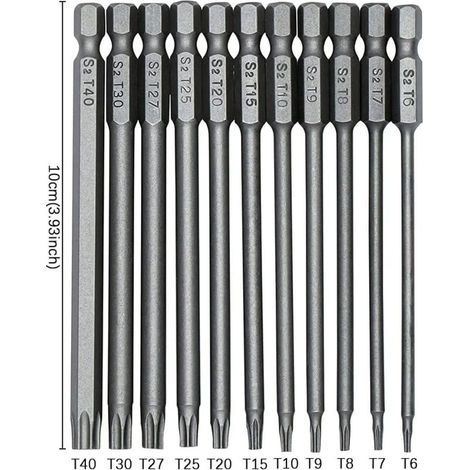 DPZO Jeu de 11 embouts longs Torx pour tournevis et visseuse électrique - Embouts magnétiques - Tige hexagonale de 1/4" - Tailles T6 à T40 - Longueur 100 mm-DPZO