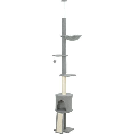 Arbre à chat du sol au plafond, hauteur réglable 220-240 cm, avec hamac, plateformes fleuries, niches, rampe, balle, gris clair (1/5)