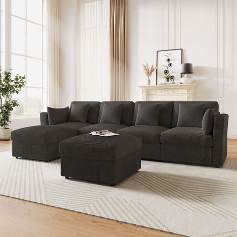 Canapé d'angle en forme de U, module salon modulable, sofa 6 places avec accoudoirs réglables et pouf amovible, tissu velours côtelé, gris, pour séjour et chambre. (1/5)