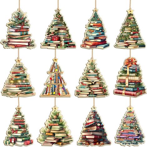 Ornement De Noël En Forme De Livre - Décoration Suspendue En Arbre À Livres - Thème Littéraire Pour Bibliothèque Ou Classe - Lot De 12 Pièces (1/3)