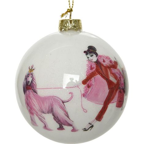 PALLINA DI NATALE 8CM BIANCA CON DECORAZIONE DONNA E CANE ROSA