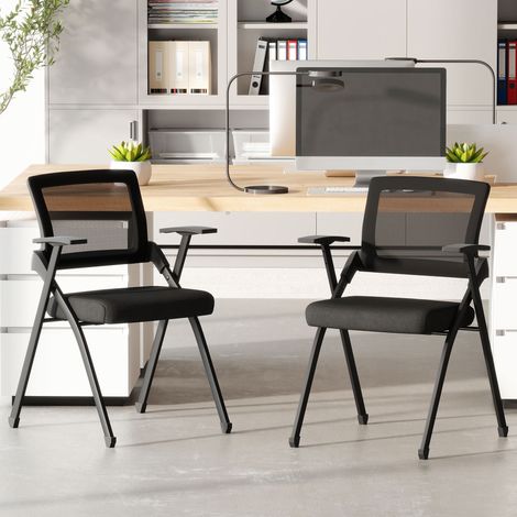 Lot de 2 chaises pliantes en tissu lin avec dossier et accoudoirs courbés, acier portable pour maison, bureau et événements, noires (1/5)