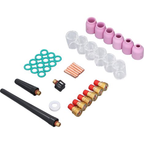 Lot 40 accessoires soudure TIG WP9 20 25 : buses céramique, verres, bouchons, pinces électrode courtes, joints toriques, boîte (1/5)