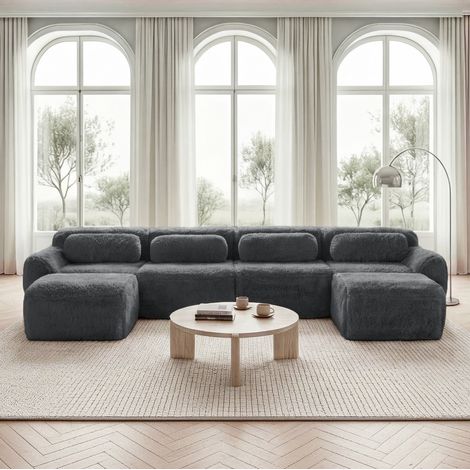 Divano modulare in tessuto plush grigio, senza montaggio, configurazione libera U/L con base antiscivolo (1/5)
