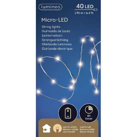 Lumineo Batterie LED Micro Lichterkette Strang 195 cm 40 Lichter warmweiß