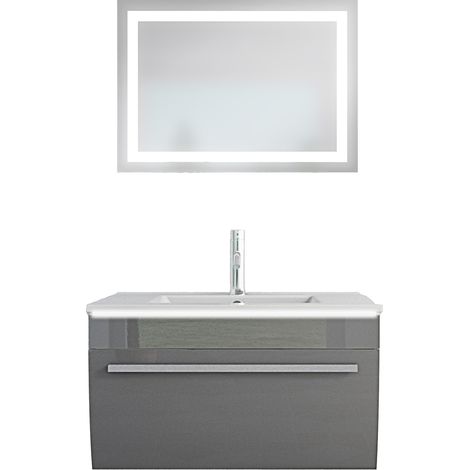 Badmöbel Gently 3 V1 Weiß/Grau 70cm + Leuchtspiegel LSP03 cm (1/5)