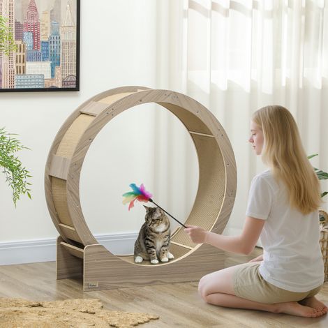 Katzenlaufrad, Katzenrennrad mit Sicherheitsbremse und abnehmbarer Kratzmatte, leise, 91 cm, braun