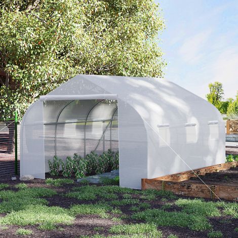 Outsunny Serre Tunnel de Jardin 13.35 m² dim. 4.5L x 3l x 2H m Porte + 6 fenêtres enroulables Acier galvanisé bâche PE Haute densité Blanc