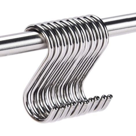 10 crochets en S en acier inoxydable, 70 mm de hauteur, 40 mm de profondeur et 3 mm d'épaisseur – crochets pour suspendre les ustensiles de cuisine. (1/5)
