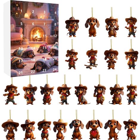 Calendrier De Lavent Chien - 24 Compartiments En Forme De Teckel Avec Chapeau De Cowboy - Décoration De Sapin De Noël - Lot De 1