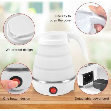 Bouilloire Pliable de Voyage, 600ml, Silicone avec Fond en Acier Inoxydable pour Camping, Vacances (Blanc) (1/4)