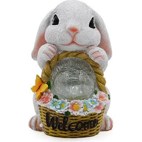 Statue solaire de jardin lapin avec panier de fleurs – lumière décorative chaude – pour maison et extérieur