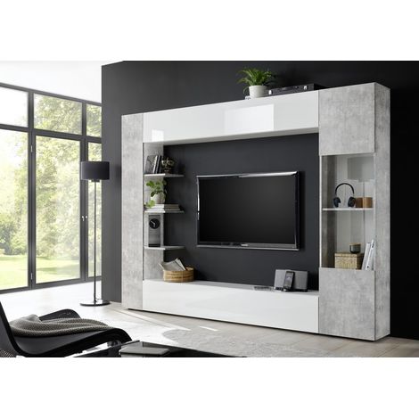 Conjunto mueble TV SOPRANO blanco y cemento 295 cm
