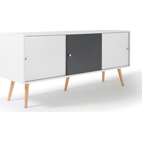 Idmarket – Buffet bas scandinave 135 cm – 3 portes en MDF blanc et gris – Dimensions : L. 135 cm x P. 40 cm x H. 62 cm – Design élégant et épuré