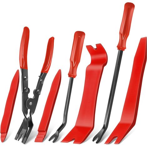 Juego de herramientas de 7 piezas para quitar molduras interiores de plástico, incluye herramientas de palanca y alicates para desmontar interiores de automóviles, color rojo (1/5)