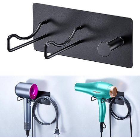 Porte Seche Cheveux Mural, Support Seche Cheveux in Acier Inoxydable, Accroche Seche Cheveux sans Percage Auto-adhésif, Convient pour Salle De Bain, De Coiffure, Hôtel (Noir)