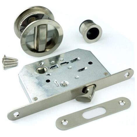 QORVA-Kit De Serrure Avec Rosace Ronde, Serrure De Condamnation Pour Porte Coulissante, Ø58 Mm, Acier, Nickel Satiné