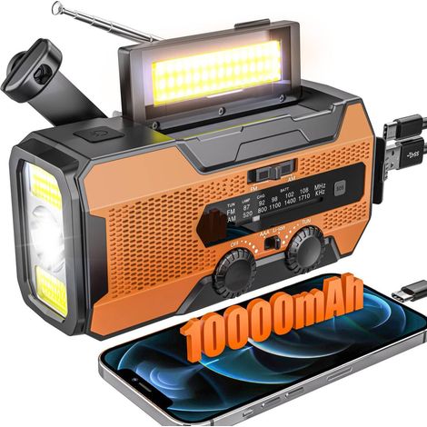 Radio Solaire à Manivelle, Radio Portable AM/FM 10000mAh, Radio d'urgence avec Lampe Torche LED, Lampe Lecture, Alarme SOS, Radio Survie Idéal pour Camping, Voyages,Urgence, Orange (1/5)