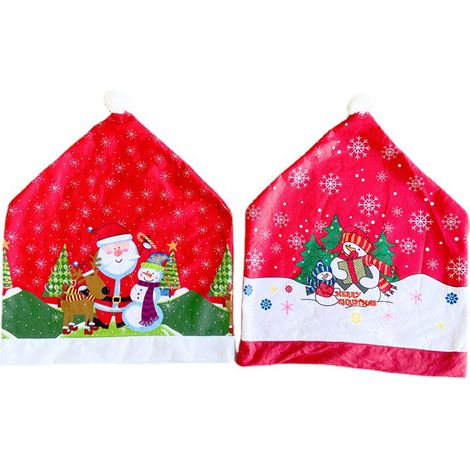 Housse De Chaise De Noël - Bonnet De Père Noël Et Bonhomme De Neige - 50 X 60 Cm - Rouge - 4 Pièces (1/5)
