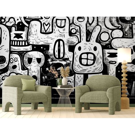 Papier peint noir et blanc – Fresque graphique design - 150 x 250 cm (1/2)