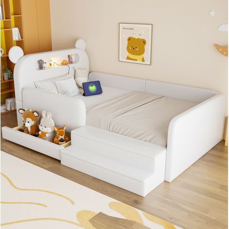 Gepolstertes Kinderbett 90 x 200 cm Weiß mit Bärenkopfteil, Nachtlicht und USB (1/5)
