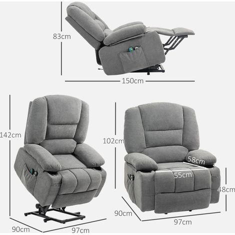 Fauteuil TV électrique releveur avec fonction inclinable, massage et chaleur, gris foncé, avec poche latérale et télécommande, relaxeur pour salon (1/5)