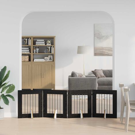 Cancello per cani pieghevole con supporti 4 pz Rovere Nero vidaXL