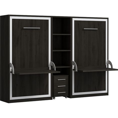 2 lits escamotables 90x190 avec bureau et étagère centrale Studante-Façade Carbone (1/5)