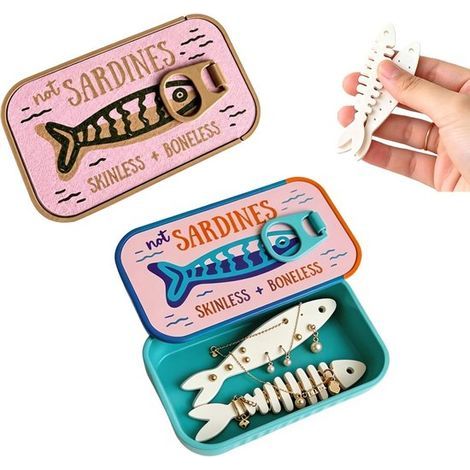 Set mit 2 kleinen Schmuckkästchen – 10 x 6 x 3 cm – Metallkästchen mit Sardinenmuster – Mini-Reise-Schmuckkästchen – Organizer ohne Kabelsalat (1/5)