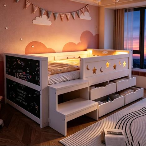Cama infantil 90x200 cm blanca de madera con barandillas, pizarra, cajones y luz LED (1/5)