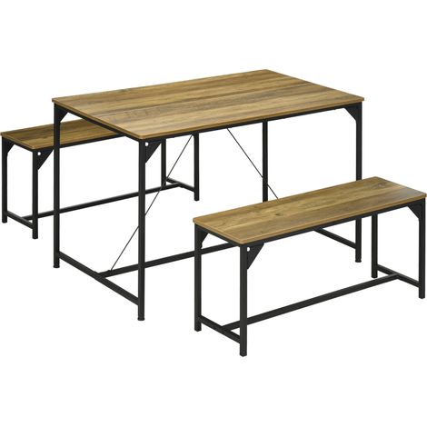 Ensemble table et 2 bancs avec structure en acier pour 4 personnes, idéal pour la cuisine, la salle à manger ou le salon, finition naturelle et noire.