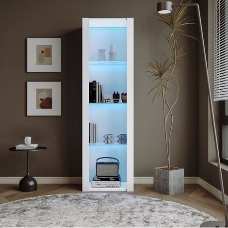 Vitrine 55x38x166 cm blanche en panneaux de particules avec LED et 3 étagères en verre (1/5)