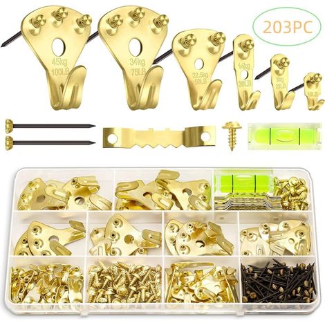 Picture Frame Hooks, 203 Pieces Metal Picture Hangers with Nails for Hanging Pictures Paintings Mirrors Wall Decor, Supports 10-100 lbs