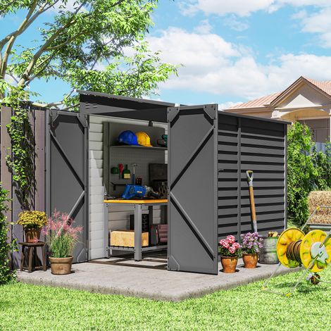 Abri de jardin métallique 3,5 m² 143 x 270 x 202 cm, abri à outils avec toit pentu, double porte verrouillable, fondations, fentes de ventilation (1/5)