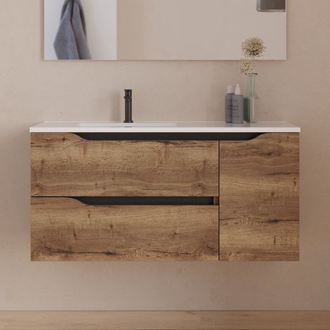 Meuble sous vasque seul, 2 tiroirs et 1 porte, 100cm, pour vasque déportée gauche - tabaco (bois foncé) - ZARZA
