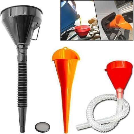 3pcs Entonnoirs longs à grand diamètre – PE plastique – Pour huile carburant essence gasoil – Noir Jaune Rouge – Résistant (1/5)