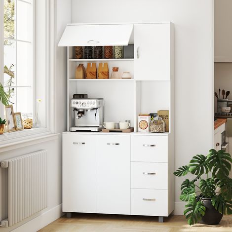 Buffet moderne haut avec tiroirs et placards - 100x39,5x183,5cm - placard de cuisine à micro-ondes avec étagères ouvertes - blanc