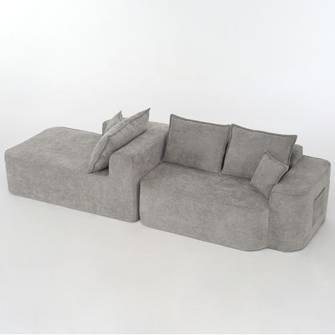 Diván modular en L de 262 cm en chenilla gris con chaise longue, sin montaje (1/5)