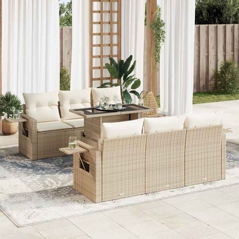 Set sofás de jardín 7 piezas y cojines ratán sintético beige (1/5)
