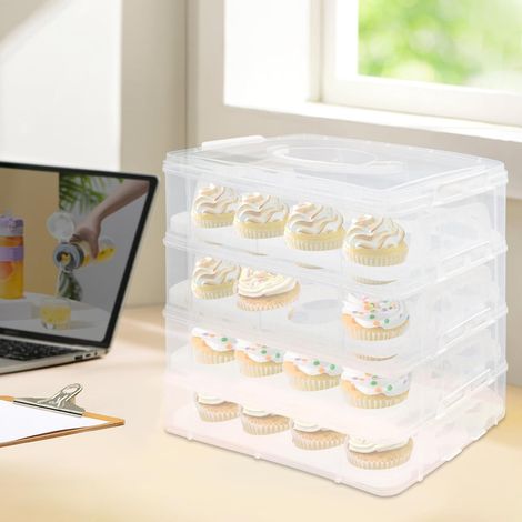 Vier Ebenen Kuchenbehälter, Cupcake-Träger mit Ergonomischer Griff Anzahl der Löcher 48 für Salate 35.5x25.5x39.5cm Klar, Weiß (1/5)