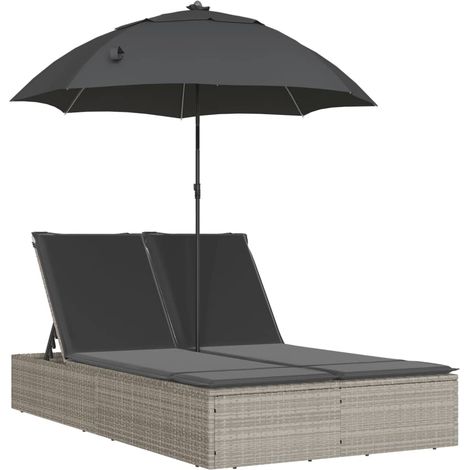 Maison Exclusive - Doppel-Sonnenliege mit Kissen & Schirm Hellgra