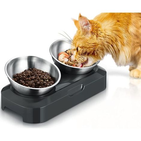 Erhöhter Edelstahl-Hunde- und Katzennapf, 400 ml x 2 Doppelnapf für Katzen- und Hundefütterung, rutschfest, auslaufsicher, mit verstellbarem Winkel (0 und 15 Grad) (1/5)