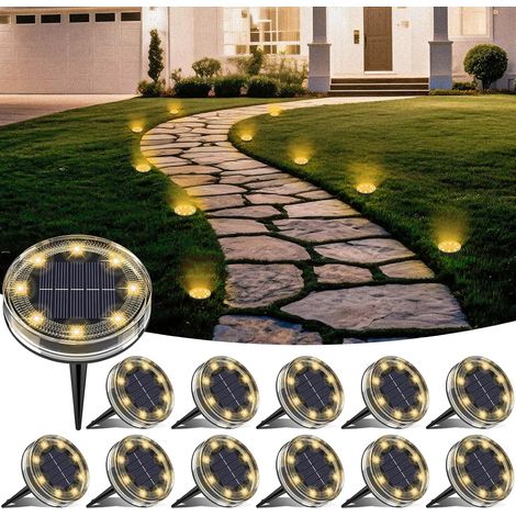 Lot de 12 Lampe Solaire Au Sol, 8 LED Lumiere Solaire Exterieur Jardin IP68 Étanche, Spot Solaire Extérieur pour Chemins Pelouse Terrasse Allée Cour Piscine Passerelle, Blanc Chaud (1/5)